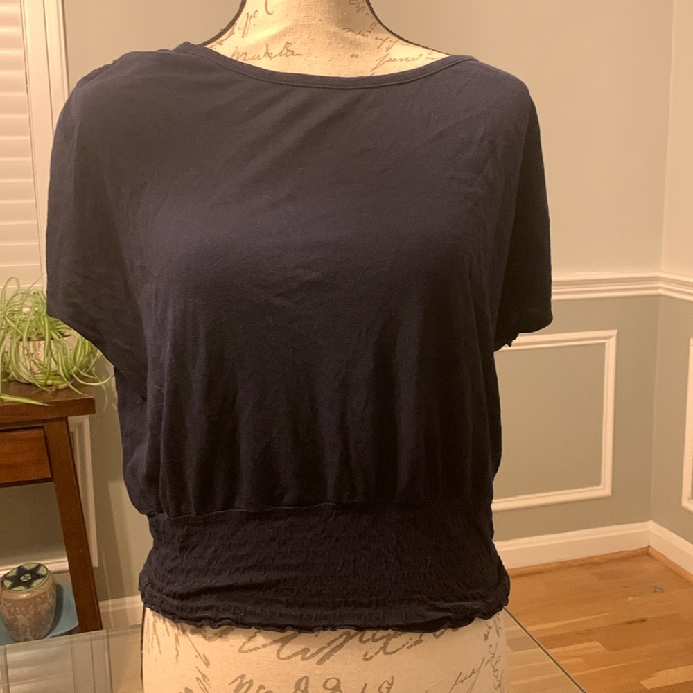 Anthro Size Medium Navy Blue with rubbed bottom and slight dolman sleeves
